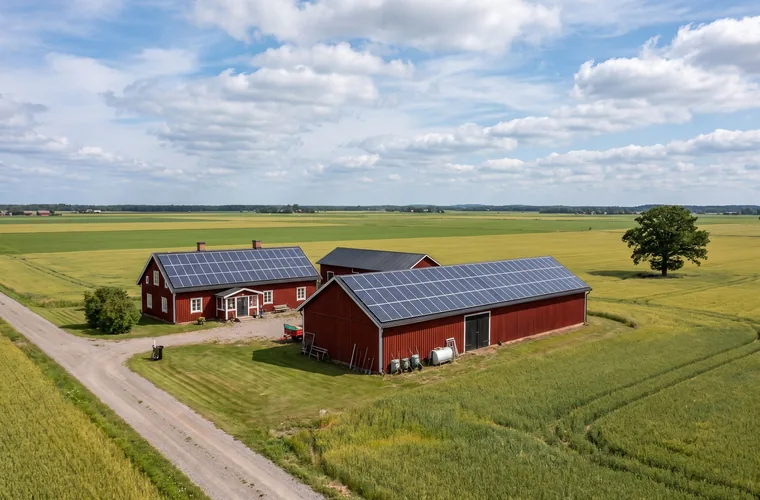 Öppet slättlandskap i Uppsala län med en villa som har solceller på taket